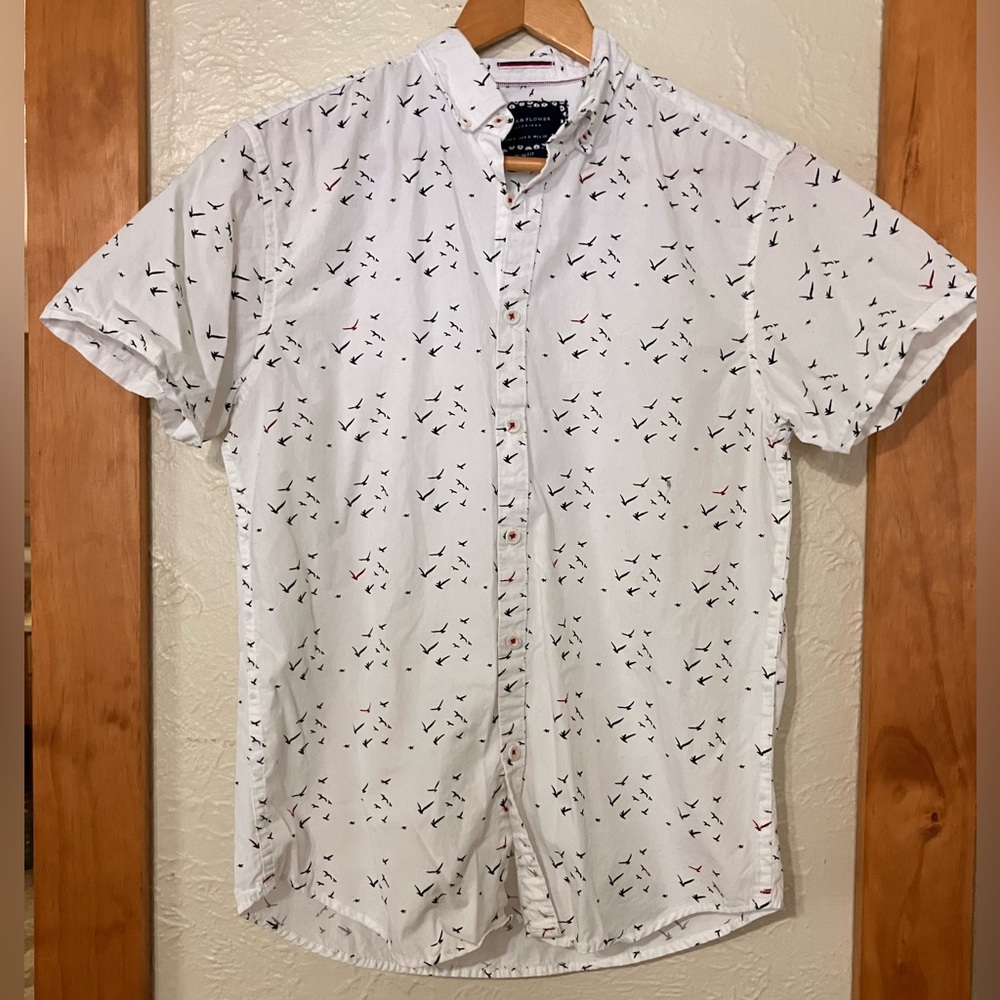 Denim & Flower White Flying Bird Patterned Casual Shirt